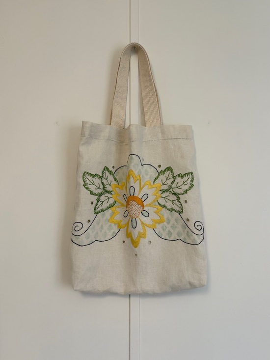 Handmade Handbags - Linen Embroidered Floral Tote Bag in Cream and Yellow